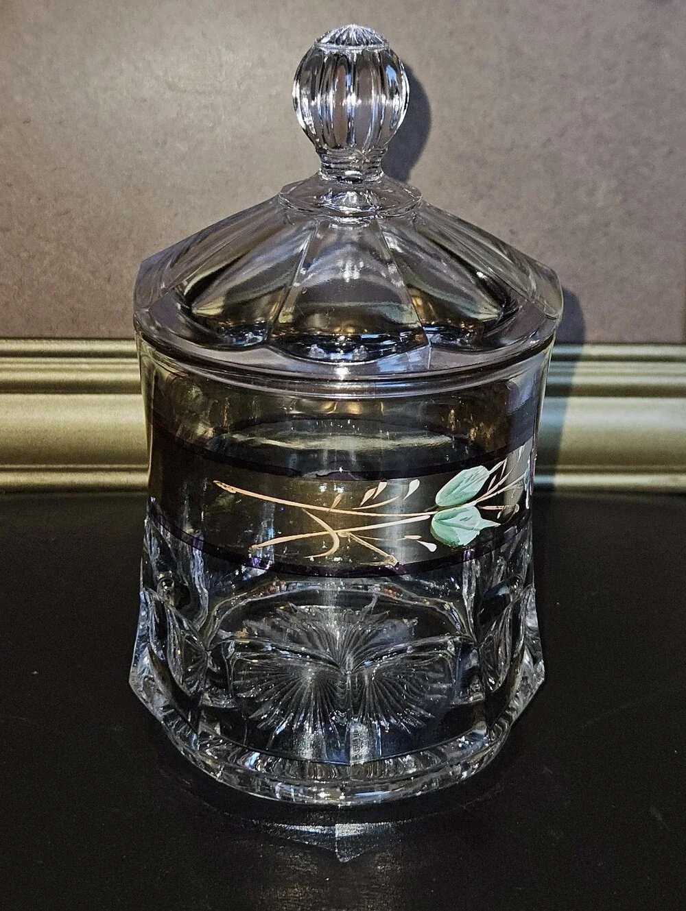 Vintage Duncan Miller Decorative Glass Candy Jar with Gold Tone Floral Band